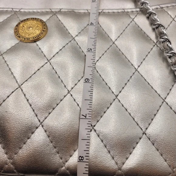 Balmain Silver Quilted Shoulder Bag with Chain Straps